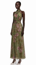 Edwina Green Mock Neck Ruched Maxi Dress with Floral Print - Aura Muse