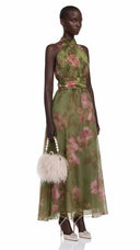 Edwina Green Mock Neck Ruched Maxi Dress with Floral Print - Aura Muse