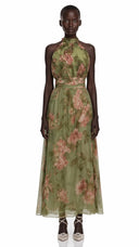 Edwina Green Mock Neck Ruched Maxi Dress with Floral Print - Aura Muse