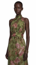 Edwina Green Mock Neck Ruched Maxi Dress with Floral Print - Aura Muse