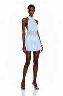 Eimear Blue Pleated Mini Dress with Lace Panels - Aura Muse