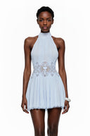 Eimear Blue Pleated Mini Dress with Lace Panels - Aura Muse