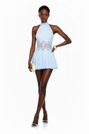 Eimear Blue Pleated Mini Dress with Lace Panels - Aura Muse