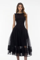 Eira Black Pearl Pleated Midi Dress - Aura Muse
