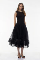 Eira Black Pearl Pleated Midi Dress - Aura Muse
