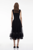 Eira Black Pearl Pleated Midi Dress - Aura Muse