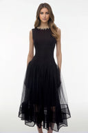 Eira Black Pearl Pleated Midi Dress - Aura Muse
