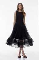 Eira Black Pearl Pleated Midi Dress - Aura Muse