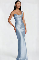 Eleanor Blue One Shoulder Satin Maxi Dress - Aura Muse