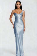 Eleanor Blue One Shoulder Satin Maxi Dress - Aura Muse