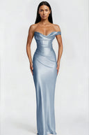 Eleanor Blue One Shoulder Satin Maxi Dress - Aura Muse