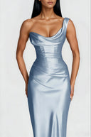 Eleanor Blue One Shoulder Satin Maxi Dress - Aura Muse