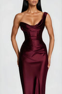 Eleanor Burgundy One Shoulder Satin Maxi Dress - Aura Muse