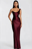 Eleanor Burgundy One Shoulder Satin Maxi Dress - Aura Muse