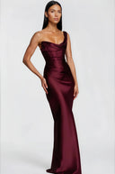 Eleanor Burgundy One Shoulder Satin Maxi Dress - Aura Muse