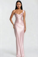 Eleanor Pink One Shoulder Satin Maxi Dress - Aura Muse