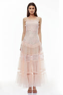 Emberly Pink Floral Lace Tiered Maxi Dress - Aura Muse