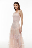 Emberly Pink Floral Lace Tiered Maxi Dress - Aura Muse