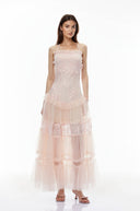 Emberly Pink Floral Lace Tiered Maxi Dress - Aura Muse