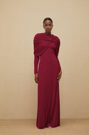 Estela Red Cape-Design Ruched Maxi Dress - Aura Muse