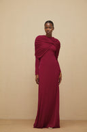 Estela Red Cape-Design Ruched Maxi Dress - Aura Muse