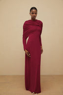 Estela Red Cape-Design Ruched Maxi Dress - Aura Muse