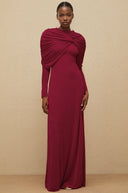 Estela Red Cape-Design Ruched Maxi Dress - Aura Muse
