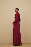 Estela Red Cape-Design Ruched Maxi Dress - Aura Muse