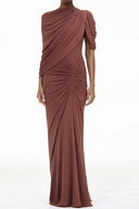 Esther Brown Asymmetrical Ruched Cape Maxi Dress - Aura Muse
