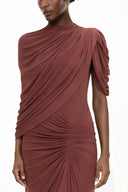 Esther Brown Asymmetrical Ruched Cape Maxi Dress - Aura Muse