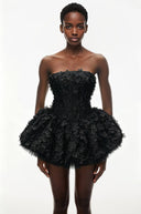 Fabienne Black 3D Petal Puff Mini Dress - Aura Muse