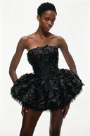 Fabienne Black 3D Petal Puff Mini Dress - Aura Muse