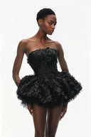 Fabienne Black 3D Petal Puff Mini Dress - Aura Muse