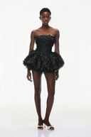 Fabienne Black 3D Petal Puff Mini Dress - Aura Muse