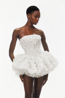 Fabienne White 3D Petal Puff Mini Dress - Aura Muse
