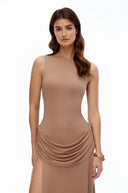 Fable Khaki Open Back Ruched Slit Maxi Dress - Aura Muse