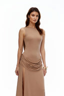 Fable Khaki Open Back Ruched Slit Maxi Dress - Aura Muse