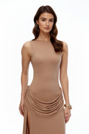 Fable Khaki Open Back Ruched Slit Maxi Dress - Aura Muse
