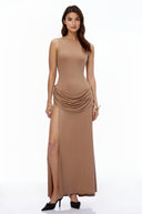 Fable Khaki Open Back Ruched Slit Maxi Dress - Aura Muse
