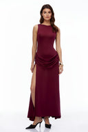 Fable Red Open Back Ruched Slit Maxi Dress - Aura Muse