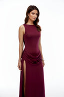 Fable Red Open Back Ruched Slit Maxi Dress - Aura Muse