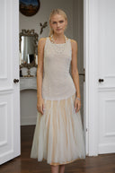 Fedor White Pearl Mesh Panel Midi Dress - Aura Muse
