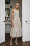 Fedor White Pearl Mesh Panel Midi Dress - Aura Muse
