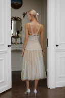 Fedor White Pearl Mesh Panel Midi Dress - Aura Muse