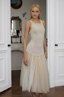 Fedor White Pearl Mesh Panel Midi Dress - Aura Muse