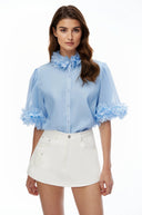 Fern Blue Short Sleeve Blouse with 3D Florals - Aura Muse