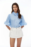 Fern Blue Short Sleeve Blouse with 3D Florals - Aura Muse