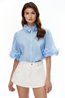 Fern Blue Short Sleeve Blouse with 3D Florals - Aura Muse