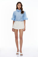 Fern Blue Short Sleeve Blouse with 3D Florals - Aura Muse