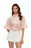 Fern Pink Short Sleeve Blouse with 3D Florals - Aura Muse